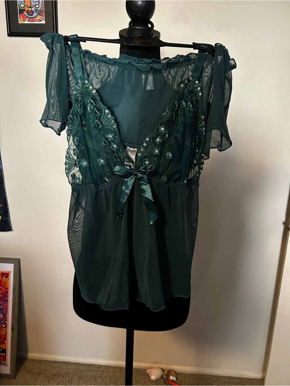 Deep Green Lace-Trim Sheer Camisole with Satin Bow